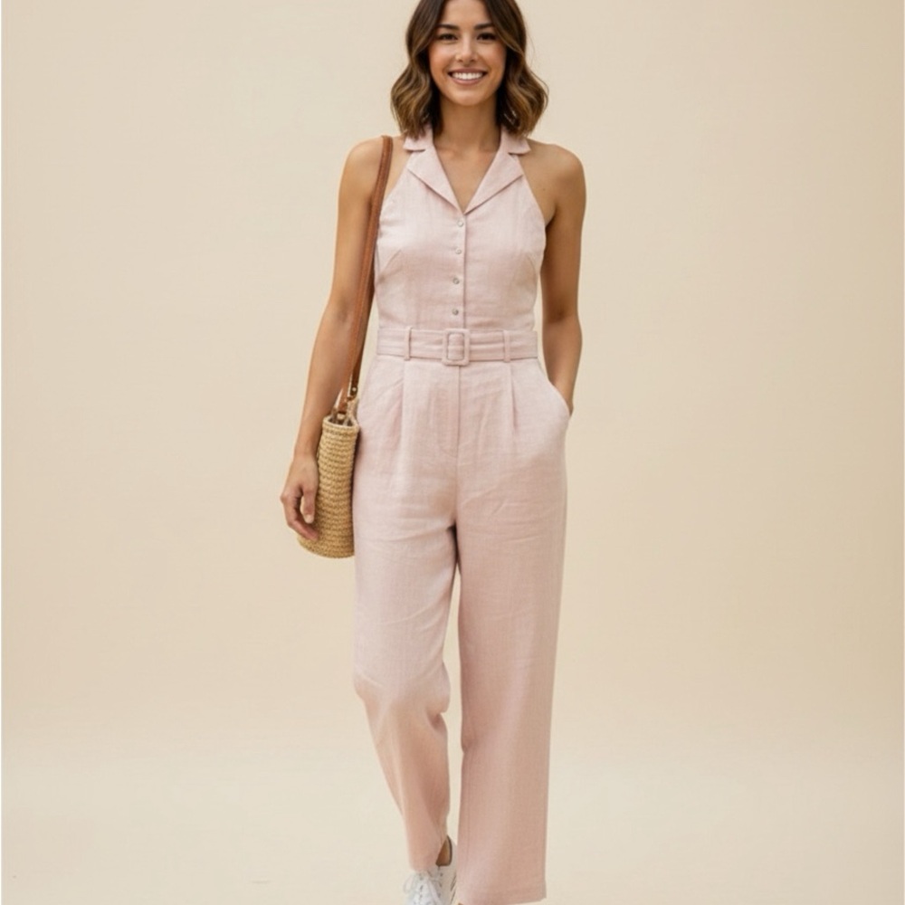 Sleeveless Belted Ankle-Length Jumpsuit in Blush Pink